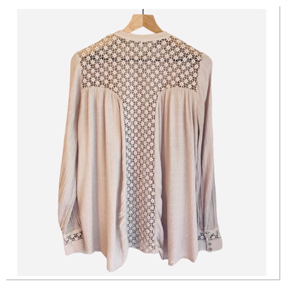 Free People The Best Blouse Top Beige Color See Through Crochet Back Size M - Picture 3 of 7